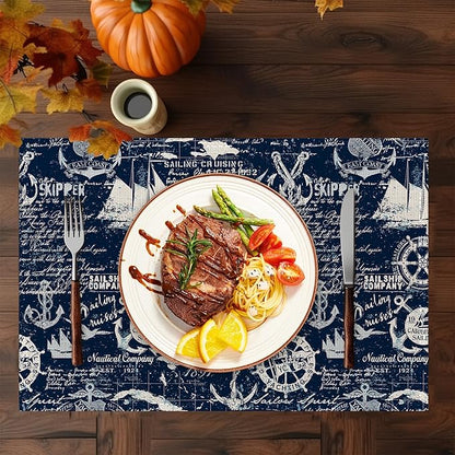 Nautical Navy Blue Placemats Set of 6,Washable Heat Resistant 12×18 Inch Linen Table Mats Caribbean Sailing Place Mats for Party Outdoor Dining Décor