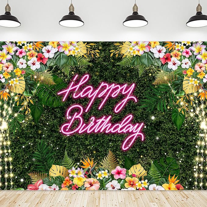 Riyidecor Happy Birthday Backdrop for Women Fabric Floral Green Leaves Pink Neon Girl Summer Hawaii Flower Plant 7Wx5H Feet Lights Botanical Photography Background Birthday Photo Studio Shoot