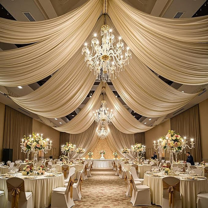 PartyVillage 20ft×15ft Beige Backdrop Curtain for Wedding Parties, 4 Panels Wrinkle Free 15 FT Long Polyester Photo Backdrop Drapes Back Drop Cloth for Birthday Photography Background