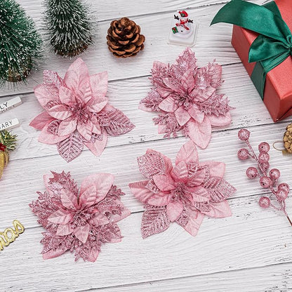 24 Pcs Pink Boxed Christmas Poinsettia Flowers Set, 16 Pcs Artificial Poinsettias with Clips, 8 pcs Glitter Christmas Tree Ornaments Berry Stems for Wedding Home Holiday Xmas New Year Decorations