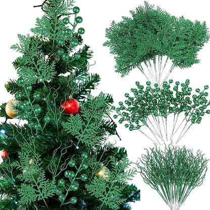 75 Pcs Christmas Glitter Branches 3 Styles Artificial Christmas Picks Berries Stems Pine Needles Floral Twig Spray for Xmas Tree Ornaments DIY Wreath Garland(Green)