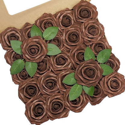 Artificial Flowers, Artificial Rose 100pcs for DIY Wedding Bouquets Centerpieces Arrangements, Brown Foam Roses with Stem for Bridal Shower Party Home Decorations