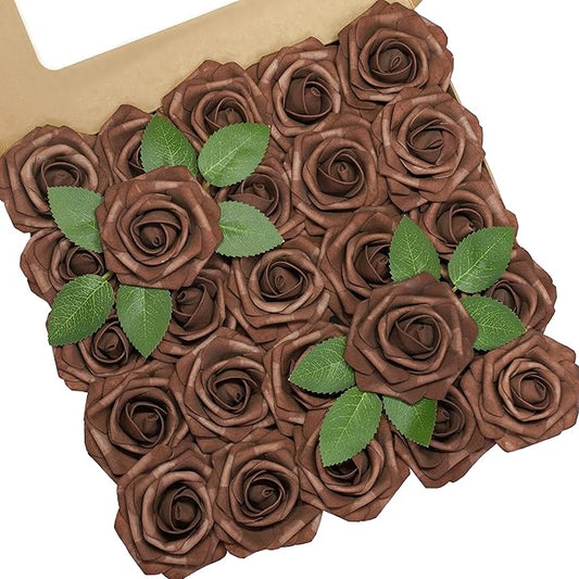 Artificial Flowers, 50pcs Artificial Rose for DIY Wedding Bouquets Centerpieces Arrangements, Brown Foam Roses with Stem for Bridal Shower Party Home Decorations