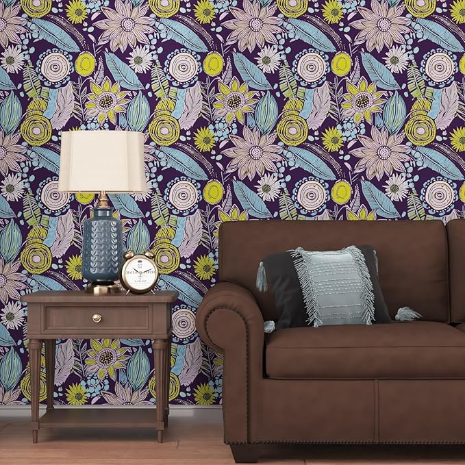 Purple Boho Wallpaper Peel and Stick,Vintage Yellow Floral Contact Paper, Botanical Flowers Retro Bohemia Wall Paper Self Adhesive Removable Waterproof for Walls Shelves Cabinet Table 17.5" x 118"