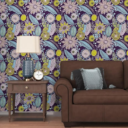 Purple Boho Wallpaper Peel and Stick,Vintage Yellow Floral Contact Paper, Botanical Flowers Retro Bohemia Wall Paper Self Adhesive Removable Waterproof for Walls Shelves Cabinet Table 17.5" x 118"