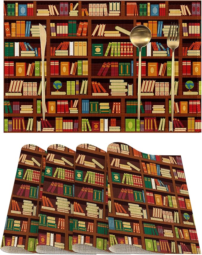 Library Book Shelf Placemats Set of 4, Linen Place Mats Heat Resistant Non-Slip Washable Table Mats for Dining Kitchen Party Decor 12"x18"