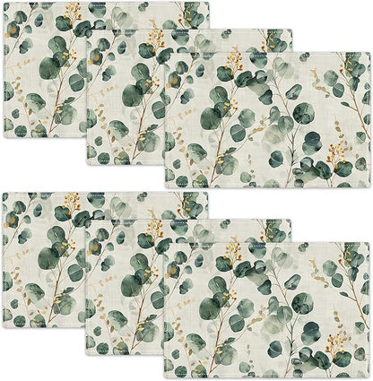 Leaves Placemats Set of 6 Eucalyptus Seasonal Watercolor Plants Table Mats Washable Place Mats for Home Party Indoor Kitchen Dining Table Decoration 12x18 Inch