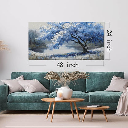 JuhaiArt Blue Wall Art White Picture Art Scenery Wall Decor Tree Wall Art Canvas for Living Room Bedroom Home Office Prints Gray Artwork 24" x 48"