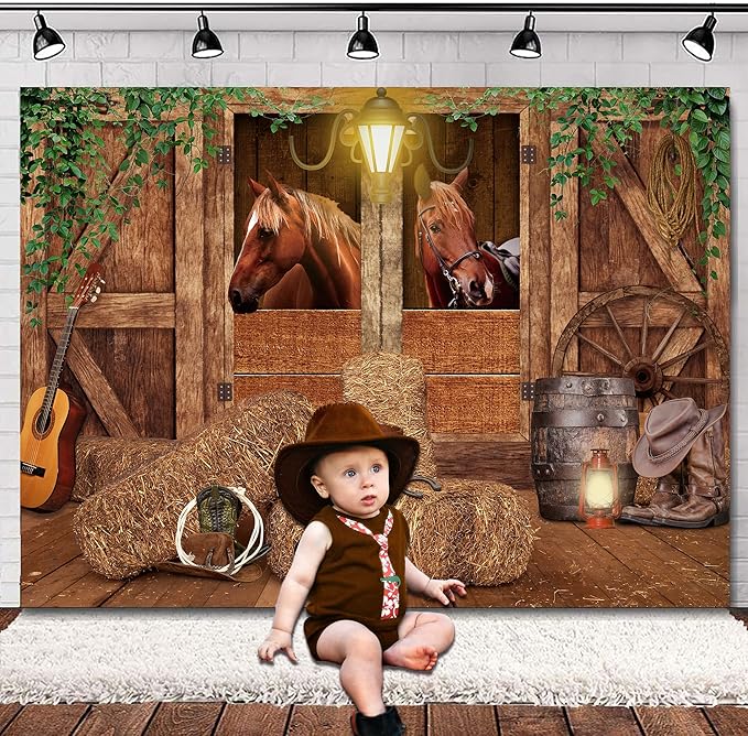 SVBright Western Cowboy Backdrop Stable Backdrop 7Wx5H Garage Door Wild West Horse Brown Barn Door Old Wood Wheels Boy Man Birthday Decorations Photography Background Photo Booth Studio