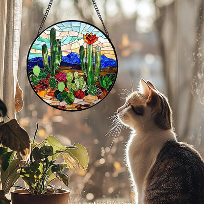 Stained Glass Window Hanging, Green Cactus Suncatcher for Doors Window Home Plant Landscape Sun Catchers Decoration Mother's Day Birthday Gifts for Women, Men, and Mom 6.3 in
