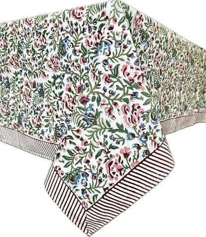 ATOSII Ambrosia 100% Cotton Rectangle Boho Spring Summer Tablecloth, Handblock Floral Table Cloth Linen for Kitchen Dining I Parties Wedding Outdoors Easter I 72 X 120 Inches I 10 Seater