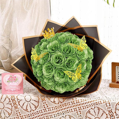 Waipfaru Glitter Roses Bouquet, DIY Green Fake Flowers Bouquet, Birthday Gifts for Women Mom, 36 Pcs Rose for Wife Girlfriend Valentines, Mothers Day, Graduation, St. Patrick's Day