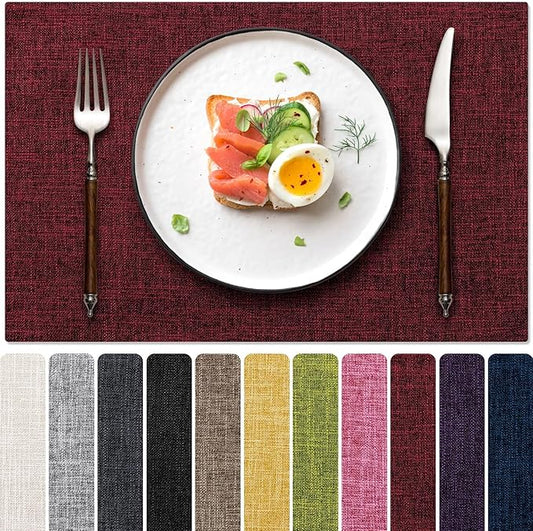 Blue Forest Placemats Set of 6, Dual-Layered Thickened Faux Linen Cloth Place Mats Heat Resistant Machine Washable Wrinkle Free Table Mats Indoor/Outdoor (Red)