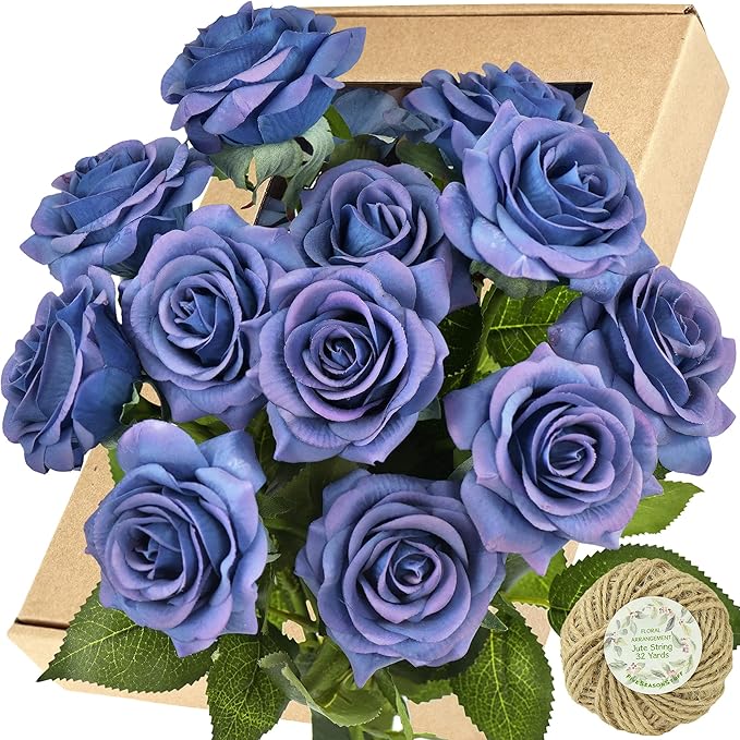FiveSeasonStuff Fake Roses Wedding Flowers Real Touch Silk Midnight Blue Artificial Flowers 12 Stems