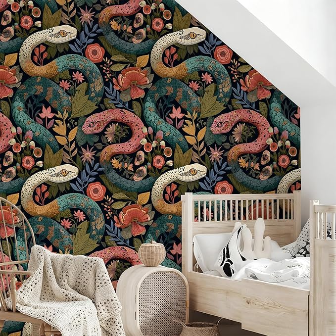Floral Peel and Stick Modern Animal Contact Paper Whimsical Snake Removable Botanical Leaf Wallpaper 17.7" x 118.11" Wall Paper Watercolor Self Adhesive for Classroom Bedroom laundry room bathroom