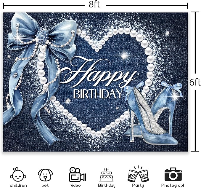 Denim and Diamonds Bow Backdrop 8Wx6H Photography Blue Coquette Silver High Heels Happy Birthday Banner for Women Girls Background Pearl Party Decorations Banner Photo Booth Props Supplies