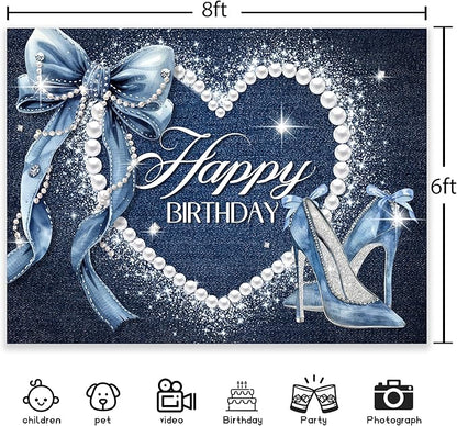Denim and Diamonds Bow Backdrop 8Wx6H Photography Blue Coquette Silver High Heels Happy Birthday Banner for Women Girls Background Pearl Party Decorations Banner Photo Booth Props Supplies
