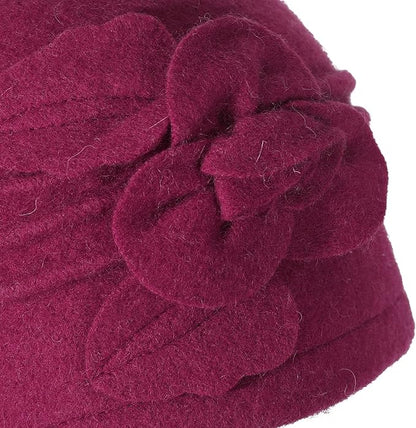 ZLYC Women Wool Cloche Bucket Hat 1920s Vintage Dress Winter Hats with Flower Accent