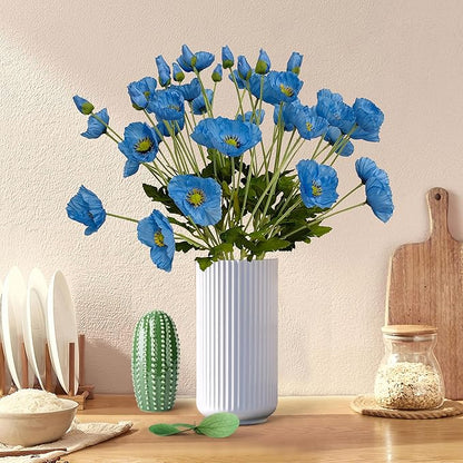 ATFL Blue Poppy Flowers Artificial for Wedding Decorations,12 Pcs Fake Faux Silk Poppies Bulk for Home Decor Table Centerpieces Floral Arrangement(23.5‘’, Blue)