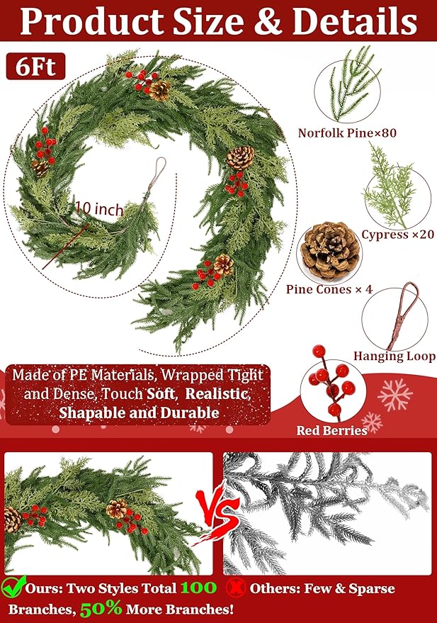 6 Ft by 10 Inch Prelit Christmas Garland with Lights Timer 8 Modes, Real Touch Norfolk Pine Garland 100 Pine Cypress Tips Pinecones Berried Cedar Garlands Thick Greenery Garlands for Home Table Mantle