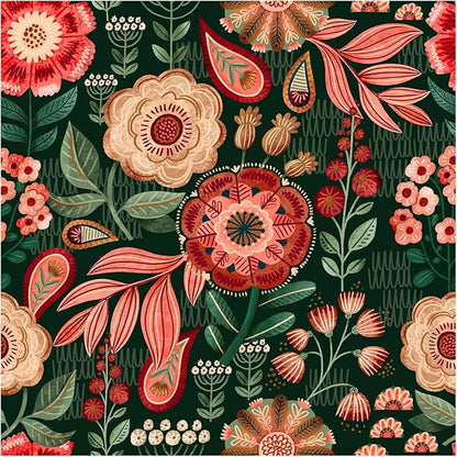 HAOKHOME Peel and Stick Wallpaper Boho Vintage Dark Floral Wall Paper Cottagecore for Bedroom Bathroom Accent Wall Green/Red/Cream 17.3in x 9.8ft