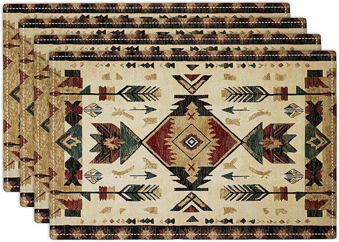Southwestern Placemats Set of 4, Farmhouse Boho Ethnic Place Mats, Rustic Turkish Dining Table Mats, Washable Placemats for Kitchen Dining Room Home Decor 18L'' × 12W''