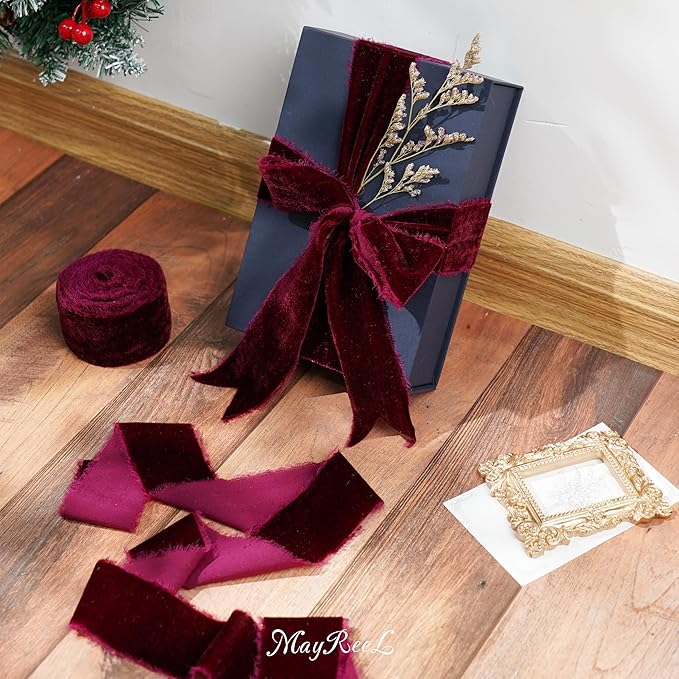 MAYREEL Burgundy Velvet Ribbon 2 Inch Hand Torn Maroon Frayed Edge Silk Ribbon for Bridal Bouquets Invitations Wedding Vow Books Gift Baskets Hair Bows 3 Yards