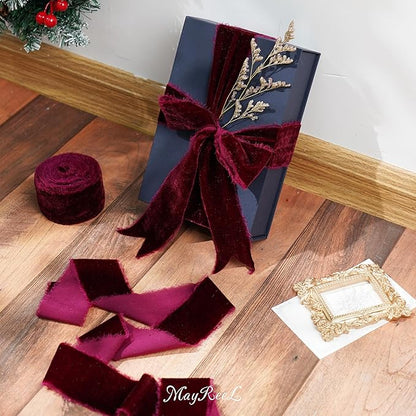 MAYREEL Burgundy Velvet Ribbon 2 Inch Hand Torn Maroon Frayed Edge Silk Ribbon for Bridal Bouquets Invitations Wedding Vow Books Gift Baskets Hair Bows 3 Yards