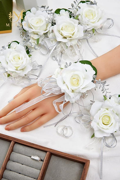 Meldel Prom Wrist Corsage for Bride Bridesmaids Wedding, Set of 6, Artificial White Rose Wrist Corsages for Prom Women Girls Engagement Mother Bridal Shower Party Homecoming Graduation Anniversary