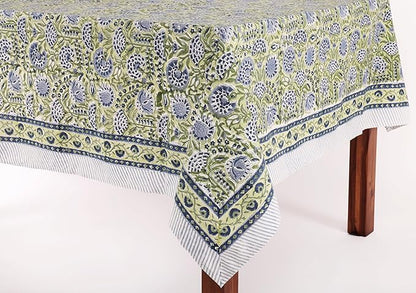 ATOSII Amara 100% Cotton Fall Tablecloth, Handblock Floral Print Rectangle Linen for Kitchen Dining I Parties Wedding Outdoors Picnics Easter I Spring Summer 72 X 120 Inches I 10 Seater Table