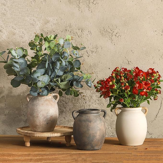 Ceramic Flower Vase 7.6 inch Farmhouse Rustic Vase Decorative Pottery Terracotta Vases for Home Decor Table Mantle Fireplace Living Room Bathroom Wedding Centerpiece (Whitewashed)
