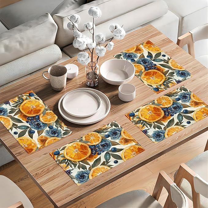 Orange Placemats Set of 4 Fruit Blueberry Rose Leaf Table Mats Washable Place Mats for Home Party Indoor Kitchen Dining Table Decoration 12x18 Inch