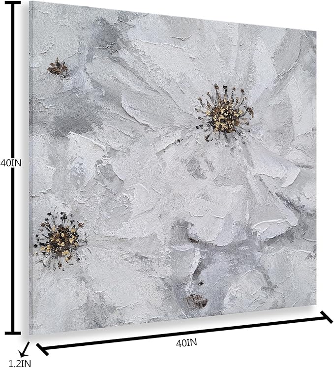 SYGALLERIER White and Gray Flower Blooms Wall Art - Handcrafted Floral Canvas with Gold Foil Embellishments Modern Flower Wall Decor for Livingroom Bedroom Bathroom 40X40