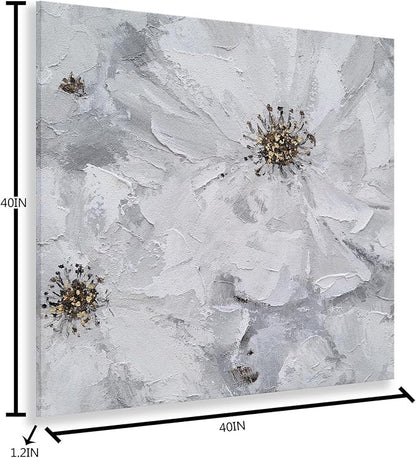 SYGALLERIER White and Gray Flower Blooms Wall Art - Handcrafted Floral Canvas with Gold Foil Embellishments Modern Flower Wall Decor for Livingroom Bedroom Bathroom 40X40