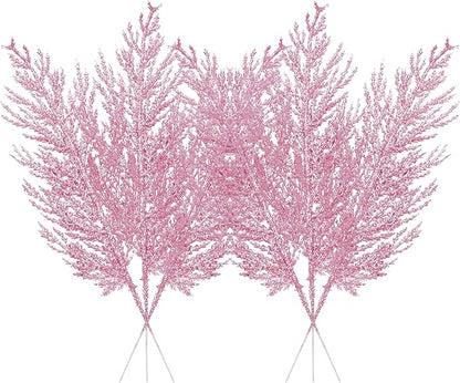 Christmas Glitter Stems 24pcs Artificial Pine Tree Picks for Christmas Tree Ornaments fillers, DIY Xmas Wreath, Crafts, Garland, Holiday, Party, Wedding and Home Decoration (Pink)