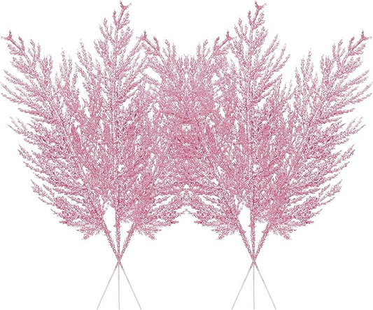 Christmas Glitter Stems 24pcs Artificial Pine Tree Picks for Christmas Tree Ornaments fillers, DIY Xmas Wreath, Crafts, Garland, Holiday, Party, Wedding and Home Decoration (Pink)
