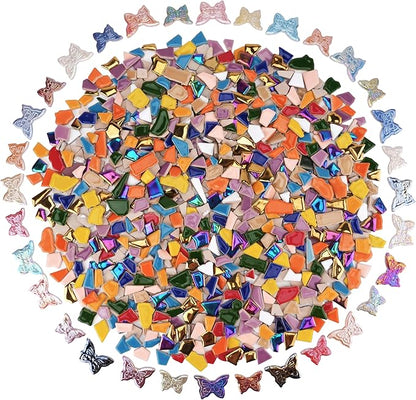 Irregular & Butterfly Mosaic Tiles for Crafts – 1.5 lb Bulk Pack (580g Irregular Tiles + 100g Butterfly Pieces), Assorted Colors, Shapes & Sizes for DIY Art & Home Decor