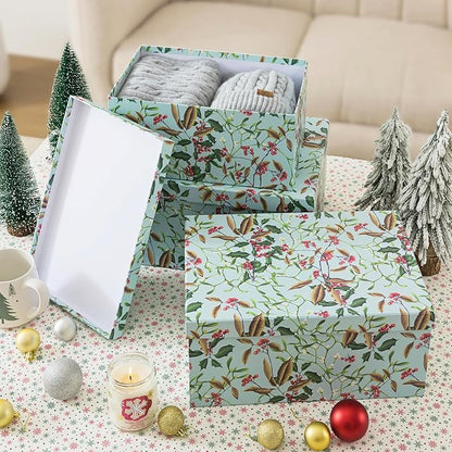 Soul & Lane Winter Berries Cardboard Boxes - Set of 3: Decorative Storage Boxes with Lids, Paper Mache Cardboard Nesting Containers, Christmas Winter Photo Cartons, Stacking Gift Wrap Storage