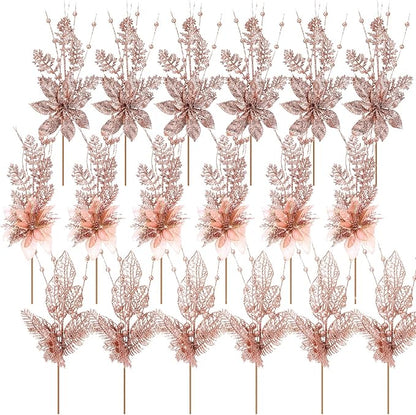 18 Pack 3 Styles 17 Inch Christmas Glitter Poinsettia Berry Stems Ornaments Artificial Floral Branches Picks for Christmas Tree Home Vase Holiday Party Decor(Rose Gold)