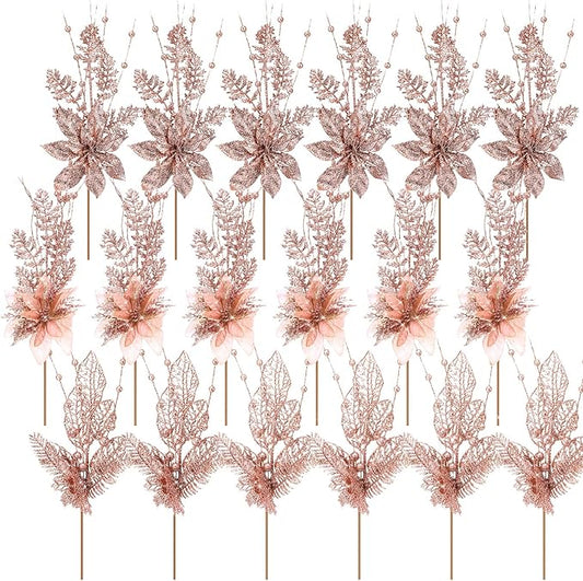 18 Pack 3 Styles 17 Inch Christmas Glitter Poinsettia Berry Stems Ornaments Artificial Floral Branches Picks for Christmas Tree Home Vase Holiday Party Decor(Rose Gold)