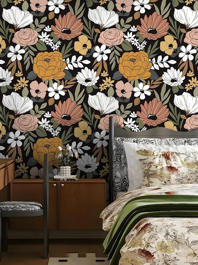 Floral Peel and Stick Wallpaper Black Removable Wallpaper Dark Boho Renter Friendly Textured Wallpapers for Bedroom Stick On Contact Paper for Locker Cabinet 17.5 x 118 in