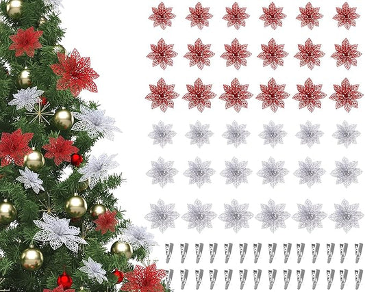 Boao Red,Silver 24 Pieces Poinsettia Flower Christmas Glitter Artificial Poinsettia with Clips Christmas Tree Ornament Decorations for DIY Xmas Wreath Holiday Home Party Decor, 3/4/6 Inches
