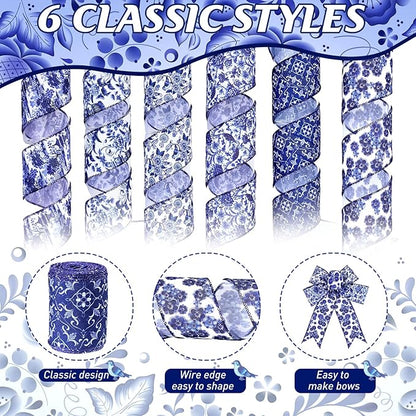 Lyrow 6 Rolls Chinoiserie Ribbon White and Blue Wired Edge Floral Ribbon Butterfly Flower Pattern Fabric Craft Wreath Bow Wrapping for Home Christmas Birthday Party Decor 2.52 Inches by 5 Yards