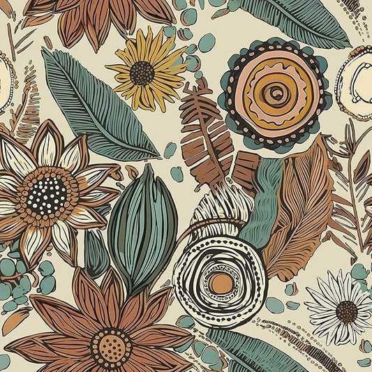 Boho Wallpaper Peel and Stick,Retro Floral Contact Paper 17.5" x 393.7", Vintage Botanical Flowers Wall Paper Self Adhesive Removable Waterproof for Walls Shelves Cabinet Table (Beige,Brown, Blue)