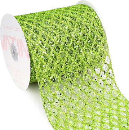 VATIN 6" Apple Green Christmas Ribbon, Green Glitter Mesh Diamond Web Sequin Dots Wired Christmas Ribbon for Gift Wrapping Bow Making Wreath Supply-10 Yards