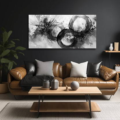 JuhaiArt Black Wall Art Large Abstract Picture Wall Decor White Canvas Art Circle Modern Artwork for Living Room Office 24"x 48"