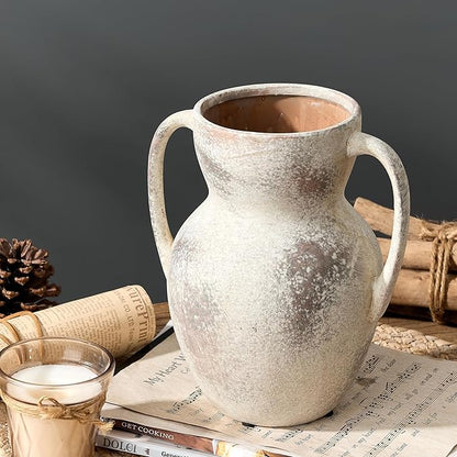 Antique Ceramic Rustic Vase with 2 Handles, Farmhouse Round Flower Vase, Vintage Terracotta Vases for Home Decor, Wedding, Living Room, Table, Shelf Decor - 8.6 Inch Tall, Terra