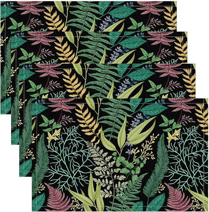 Leaf Placemats Set of 6, 17x12 Inch Vintage Natural Botanical Herbal Green Leaves Table Mats for Home Party Kitchen Dining Decor