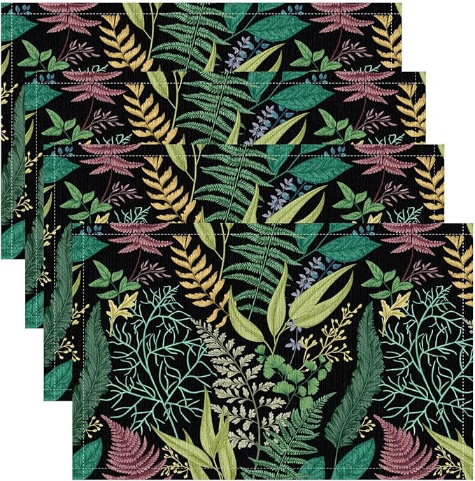 Leaf Placemats Set of 8, 17x12 Inch Vintage Natural Botanical Herbal Green Leaves Table Mats for Home Party Kitchen Dining Decor
