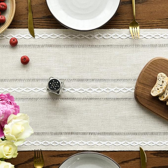 Artoid Mode Beige Rustic Cotton Linen Table Runner, Seasonal Embroidered Hollow Kitchen Dining Table Decoration for Home Party Decor 13x108 Inch